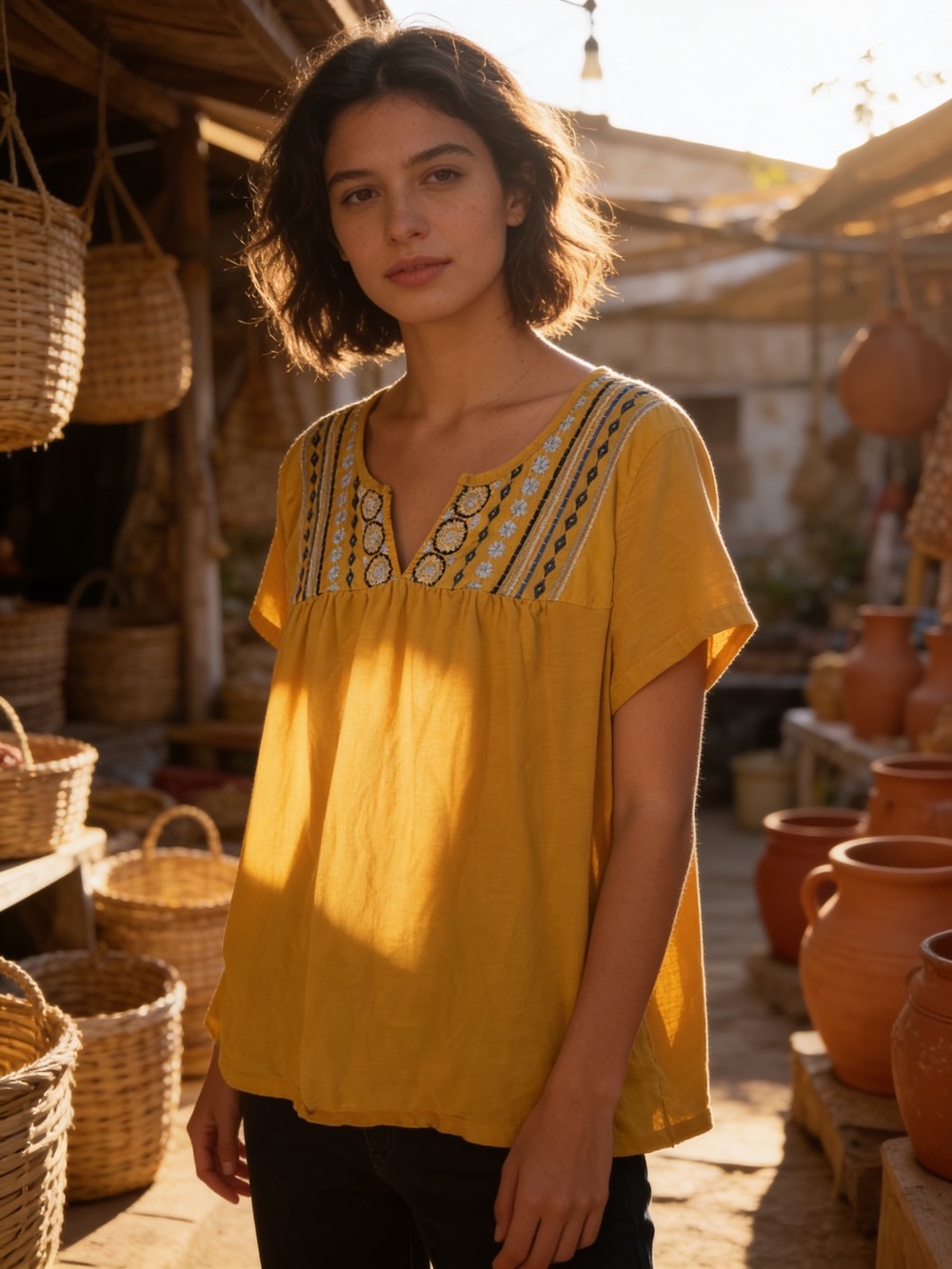 Ladies St. John's Bay Mustard Embroidered  Short-Sleeve Blouse (inv# 249)